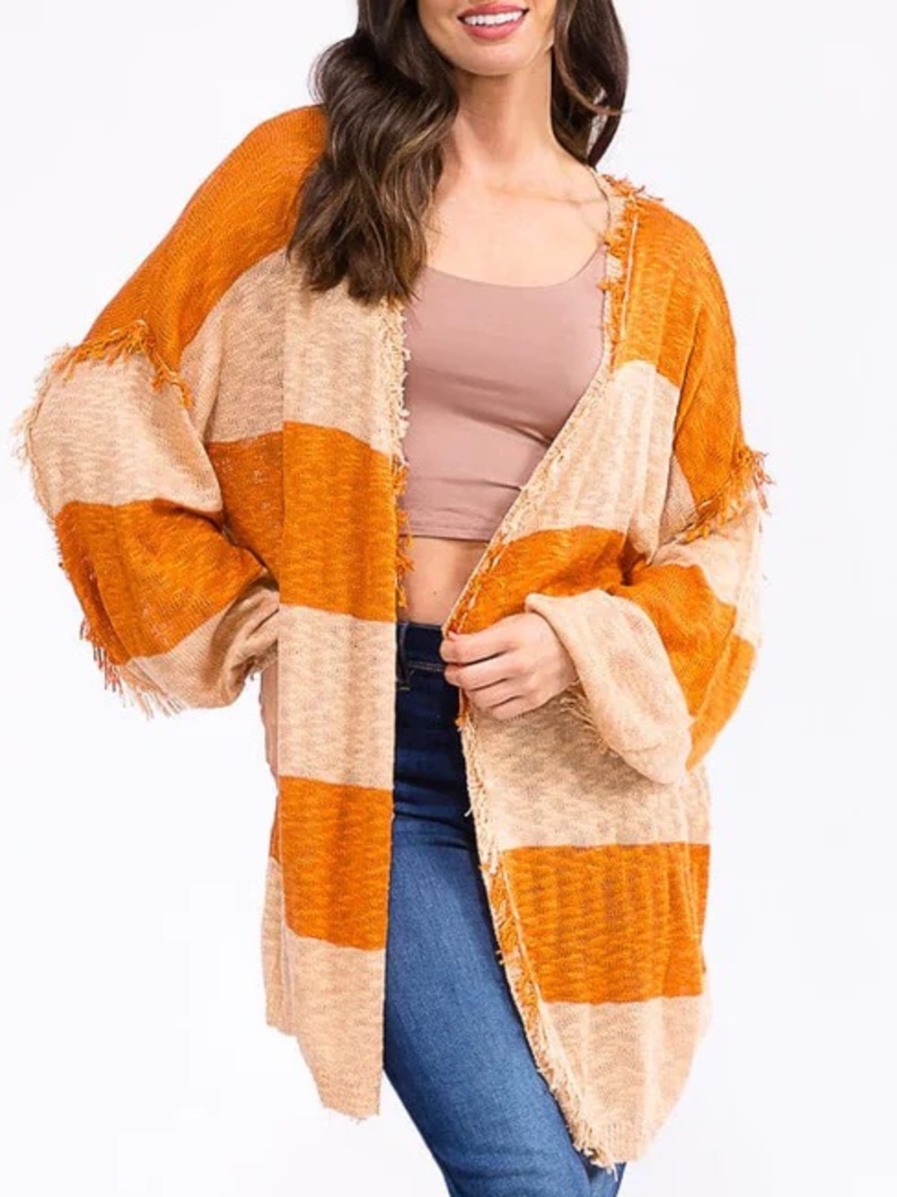 🟠NWT FANTASTIC FAWN Raw Edge Colorblock Open Front Cardigan in Orange/Tan MED